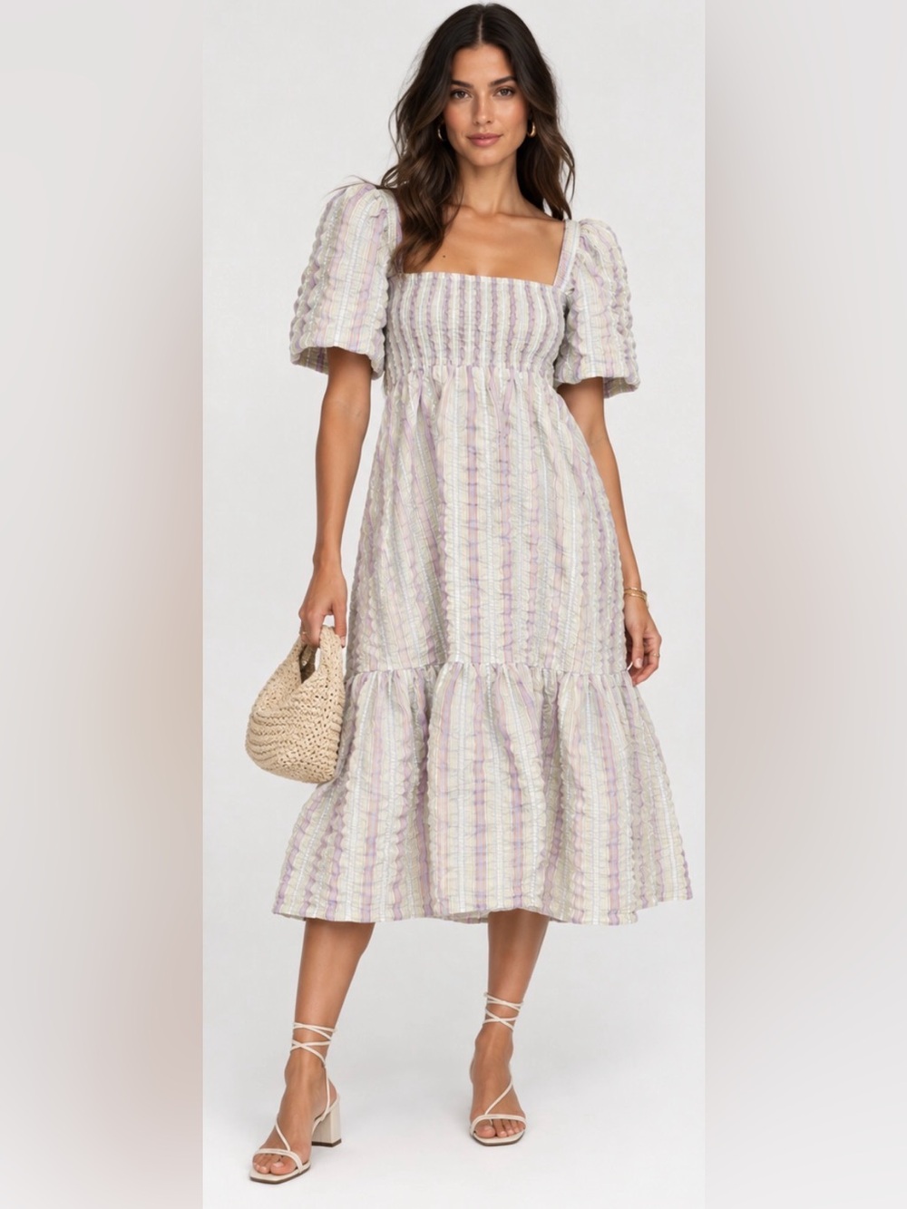 GANNI Pastel Striped Seersucker Midi Dress